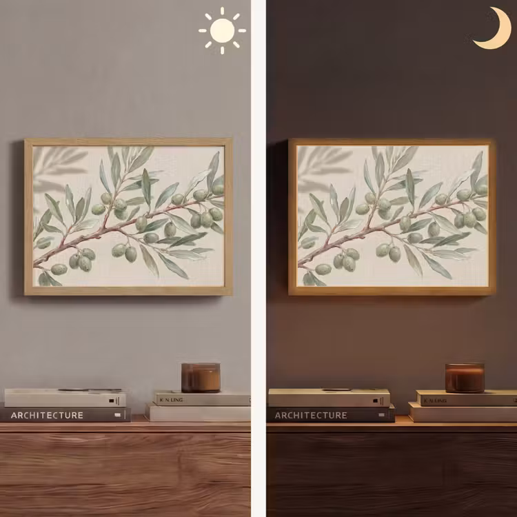 Olijftak - Bladeren - Natuur - Groen - Beige Light Box met batterij (Wandlamp) middel -sfeer3