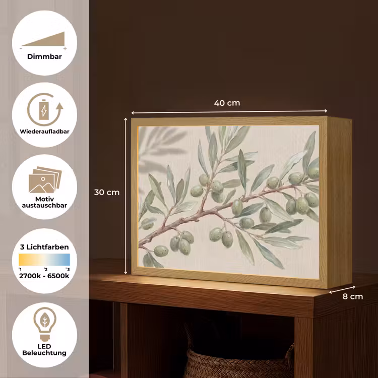 Olijftak - Bladeren - Natuur - Groen - Beige Light Box met batterij (Wandlamp) middel -USP_websiteoverzichtDE