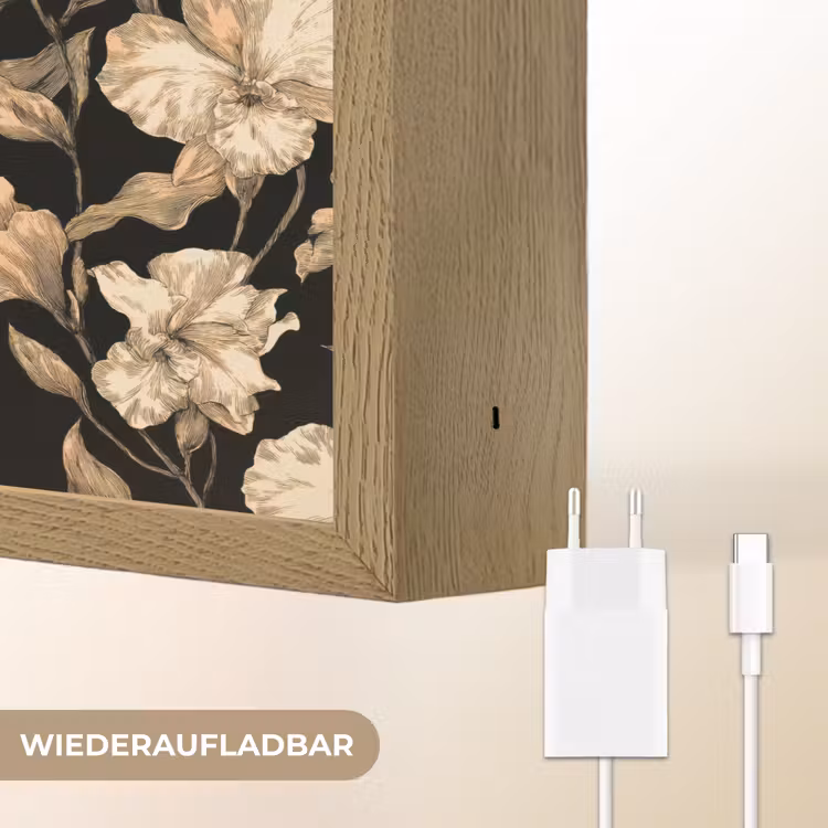 Orchideeën - Lijntekening - Patroon - Beige - Zwart Light Box met batterij (Wandlamp) middel 907 -USP_websiteoplaadbaarDE