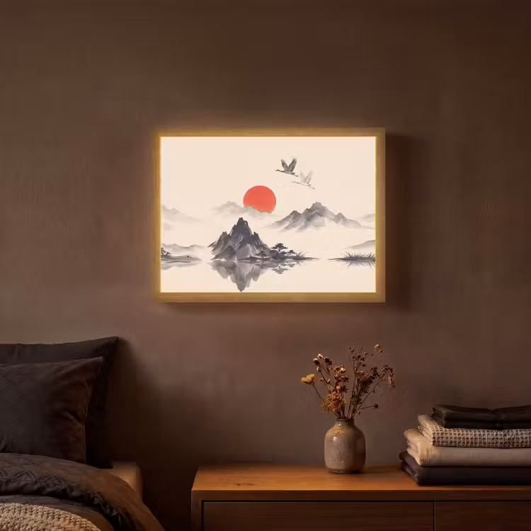 Oosters - Kraanvogels - Landschap Light Box met batterij (Wandlamp) middel -sfeer4