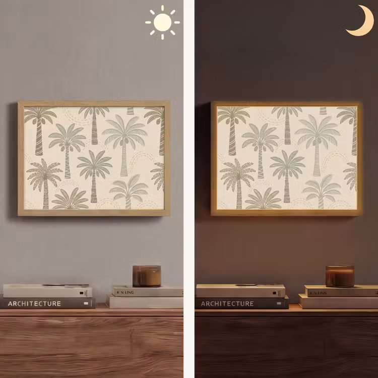 Palmbomen - Patroon - Tropisch - Beige Light Box met batterij (Wandlamp) middel -sfeer3