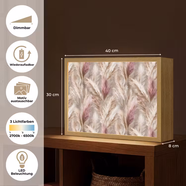 Pampasgras - Pluizig - Kleurrijk Light Box met batterij (Wandlamp) middel 907 -USP_websiteoverzichtDE