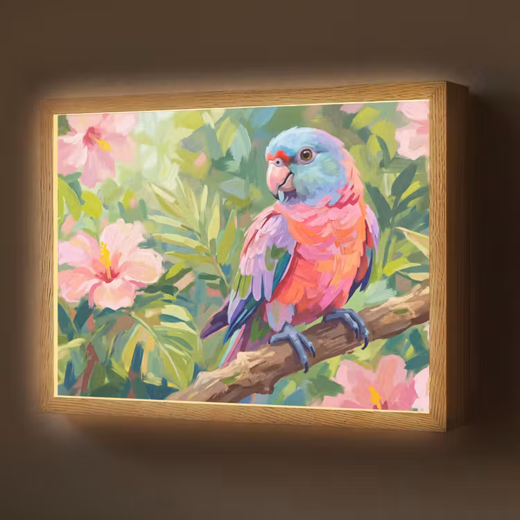 Papagaai - Hibiscusbloemen - Kleurrijk Light Box met batterij (Wandlamp) middel -z3d_website
