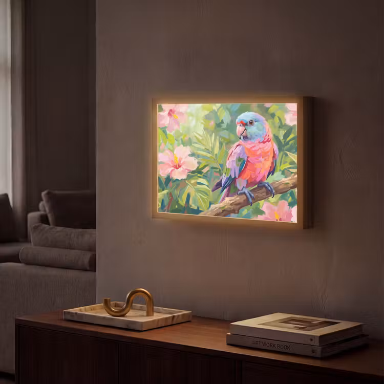 Papagaai - Hibiscusbloemen - Kleurrijk Light Box met batterij (Wandlamp) middel -sfeer1