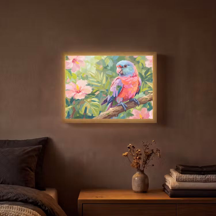 Papagaai - Hibiscusbloemen - Kleurrijk Light Box met batterij (Wandlamp) middel -sfeer4