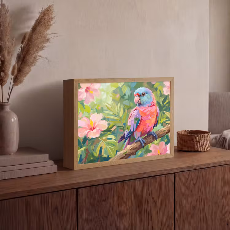 Papagaai - Hibiscusbloemen - Kleurrijk Light Box met batterij (Wandlamp) middel -sfeer2