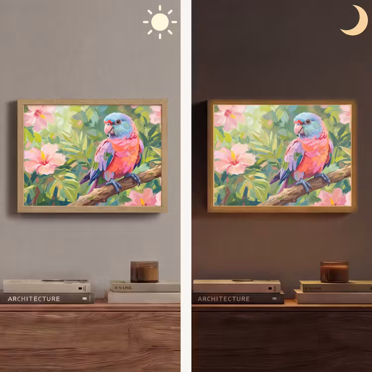 Papagaai - Hibiscusbloemen - Kleurrijk Light Box met batterij (Wandlamp) middel -sfeer3