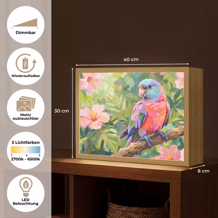 Papagaai - Hibiscusbloemen - Kleurrijk Light Box met batterij (Wandlamp) middel -USP_websiteoverzichtDE