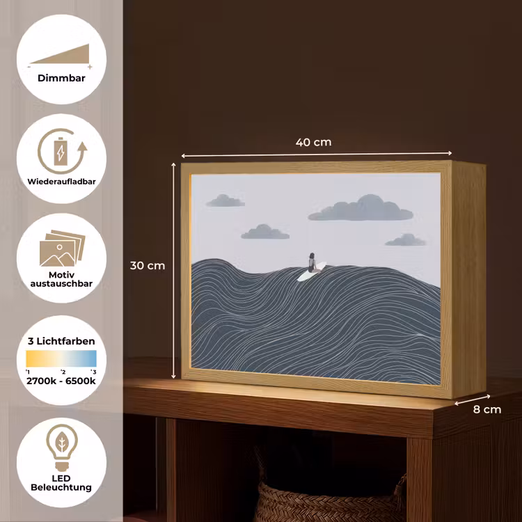 Persoon - Surfen - Oceaan - Natuur - Modern Light Box met batterij (Wandlamp) middel -USP_websiteoverzichtDE
