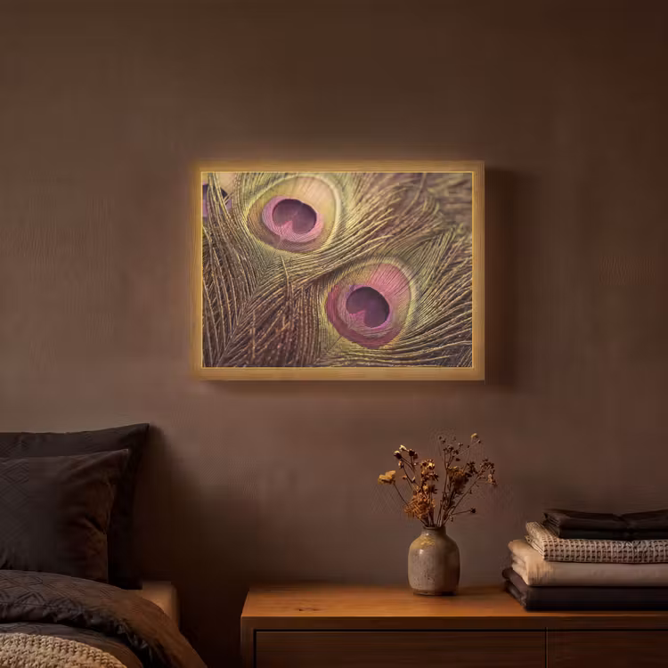 Pauw - Veren - Paars - Groen Light Box met batterij (Wandlamp) middel -sfeer4