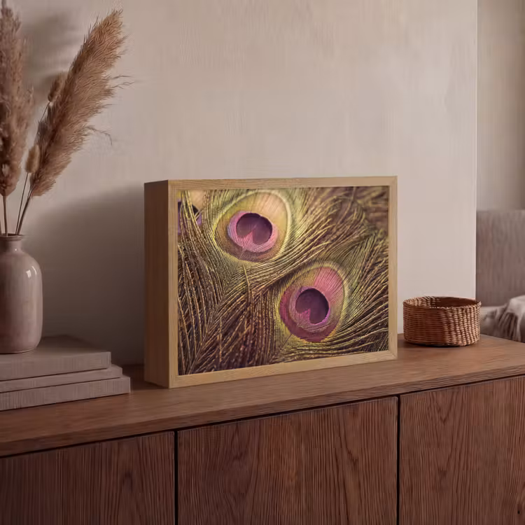 Pauw - Veren - Paars - Groen Light Box met batterij (Wandlamp) middel -sfeer2