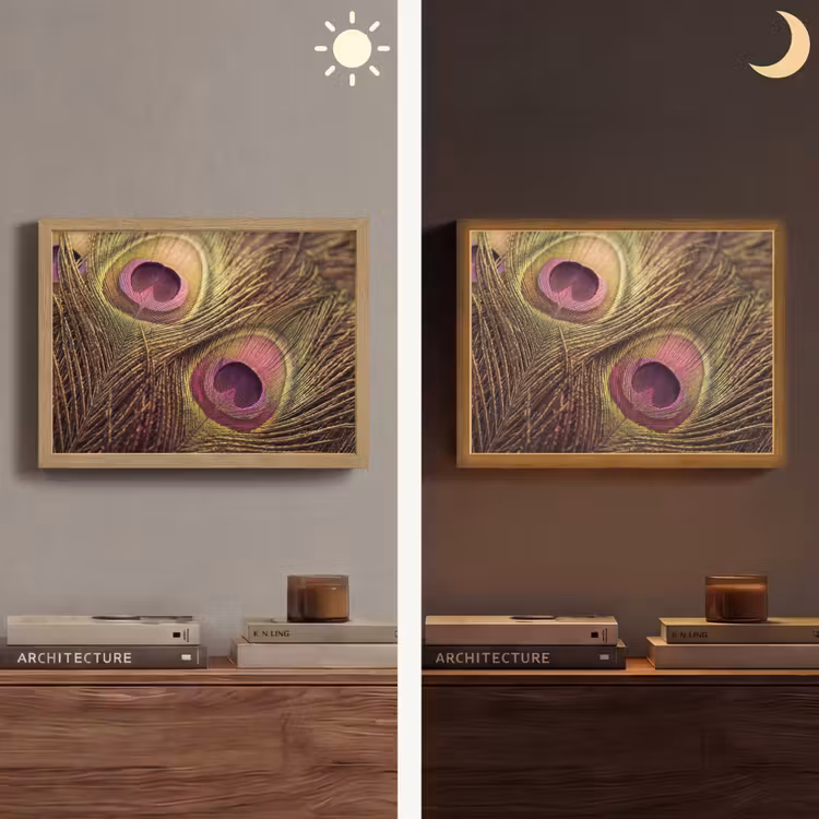 Pauw - Veren - Paars - Groen Light Box met batterij (Wandlamp) middel -sfeer3