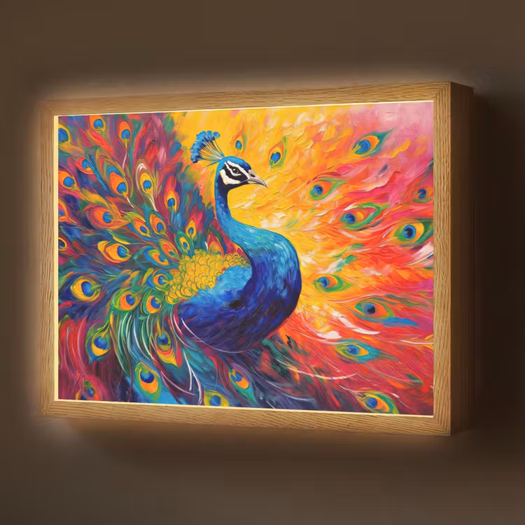 Pauw - Kunst - Schilderij - Pauwenveren Light Box met batterij (Wandlamp) middel -z3d_website
