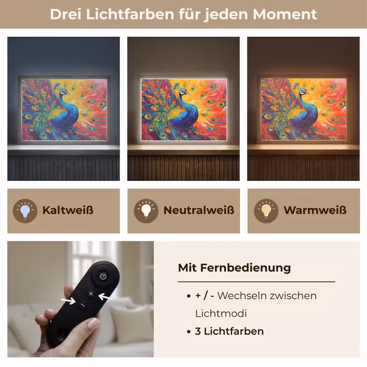 Pauw - Kunst - Schilderij - Pauwenveren Light Box met batterij (Wandlamp) middel -USP_lichtkleurDE