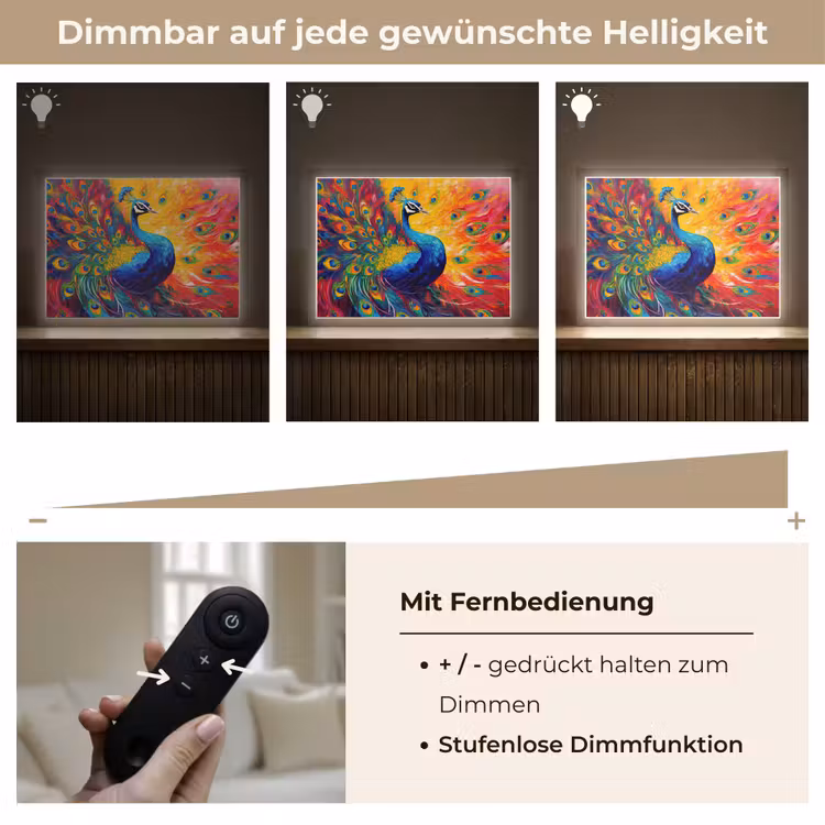 Pauw - Kunst - Schilderij - Pauwenveren Light Box met batterij (Wandlamp) middel -USP_dimbaarDE