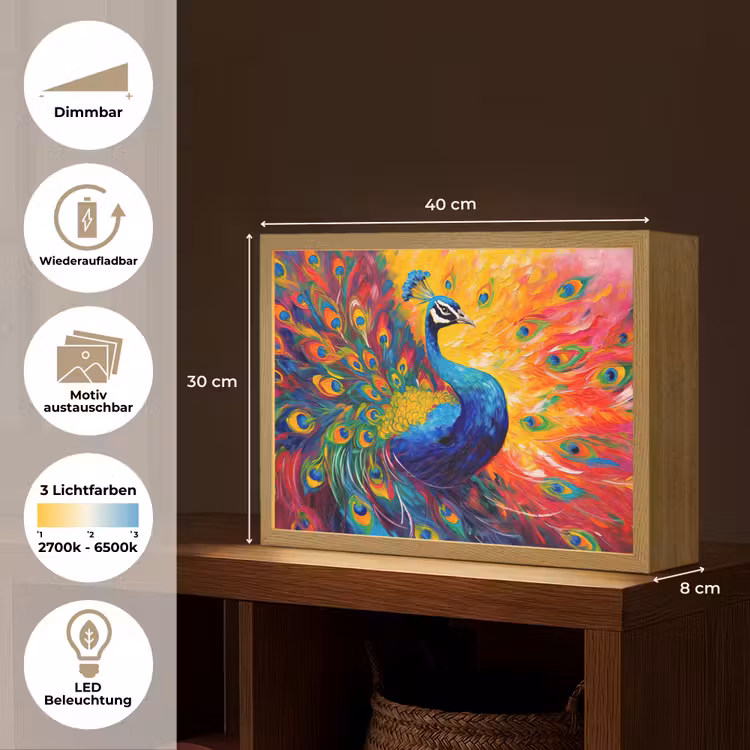 Pauw - Kunst - Schilderij - Pauwenveren Light Box met batterij (Wandlamp) middel -USP_websiteoverzichtDE