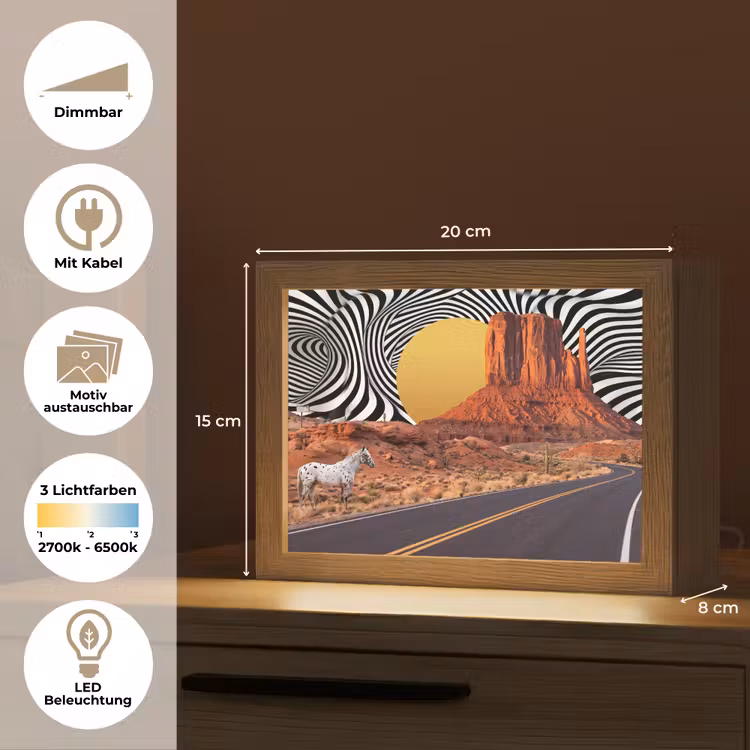 Lightbox - Wandleuchte - Pferd – Wüste – Natur - Paard - Woestijn - Natuur Light Box met kabel (Wandlamp) klein