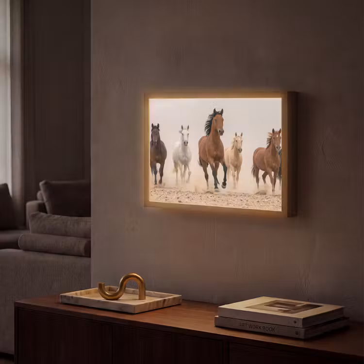 Kudde paarden - Stofwolk - Bruin - Zwart Light Box met batterij (Wandlamp) middel -sfeer1