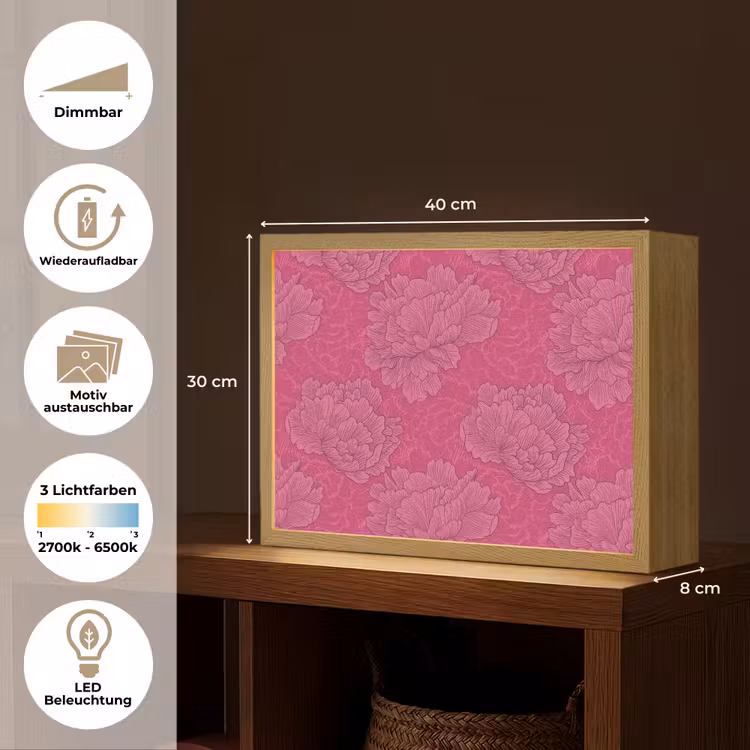 Pioenrozen - Energiek - Roze Light Box met batterij (Wandlamp) middel 907 -USP_websiteoverzichtDE