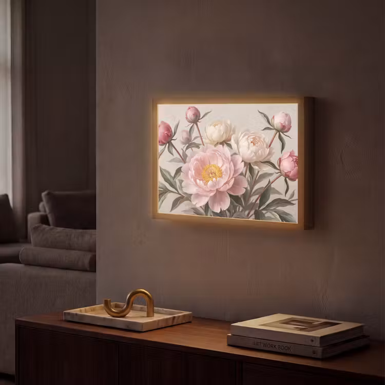 Pioenrozen - Boeket - Roze Light Box met batterij (Wandlamp) middel -sfeer1