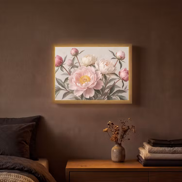 Pioenrozen - Boeket - Roze Light Box met batterij (Wandlamp) middel -sfeer4