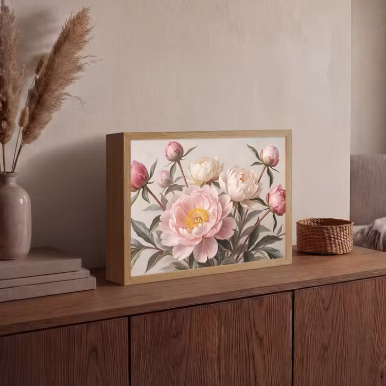 Pioenrozen - Boeket - Roze Light Box met batterij (Wandlamp) middel -sfeer2