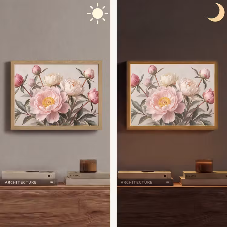 Pioenrozen - Boeket - Roze Light Box met batterij (Wandlamp) middel -sfeer3