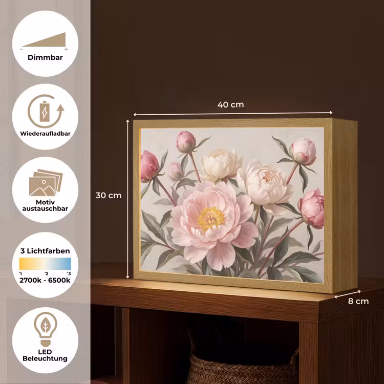Pioenrozen - Boeket - Roze Light Box met batterij (Wandlamp) middel -USP_websiteoverzichtDE