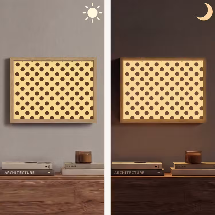 Polka Dot - Stippen - Retro - Geel - Bruin Light Box met batterij (Wandlamp) middel 907 -sfeer3