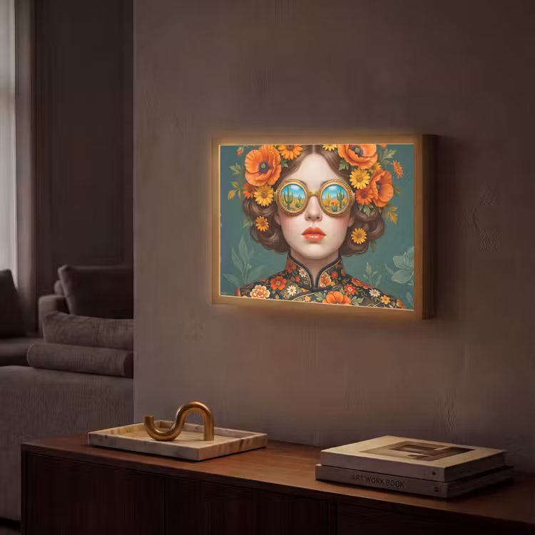 Portret - Vrouw - Kleurrijk - Expressief Light Box met batterij (Wandlamp) middel -sfeer1
