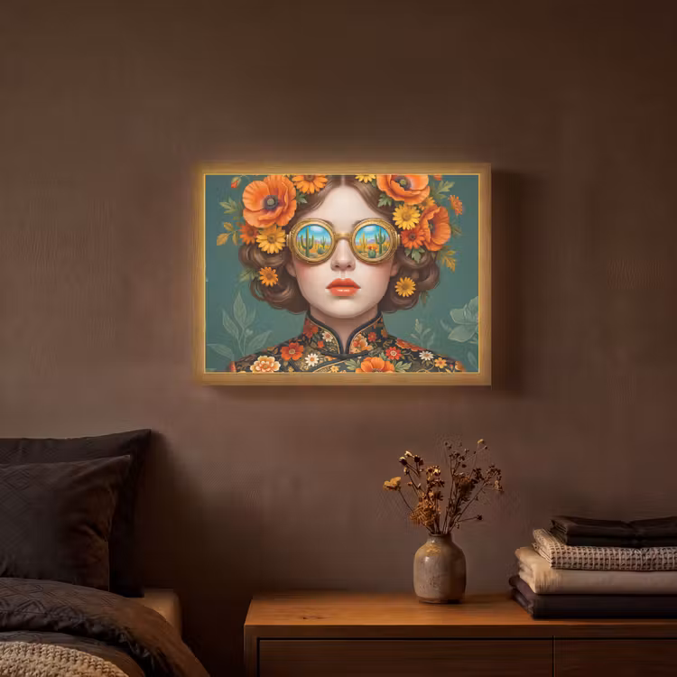 Portret - Vrouw - Kleurrijk - Expressief Light Box met batterij (Wandlamp) middel -sfeer4