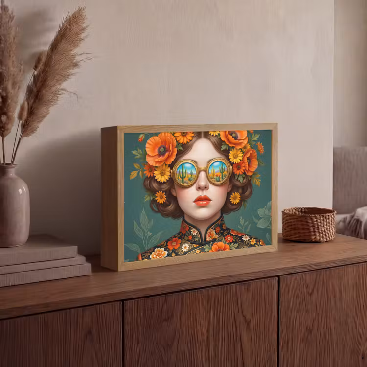Portret - Vrouw - Kleurrijk - Expressief Light Box met batterij (Wandlamp) middel -sfeer2