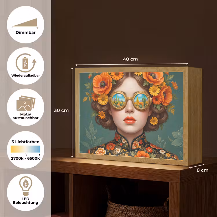 Portret - Vrouw - Kleurrijk - Expressief Light Box met batterij (Wandlamp) middel -USP_websiteoverzichtDE