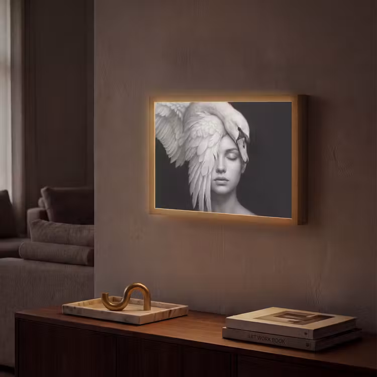 Portret - Zwaan - Zwart - Wit Light Box met batterij (Wandlamp) middel -sfeer1