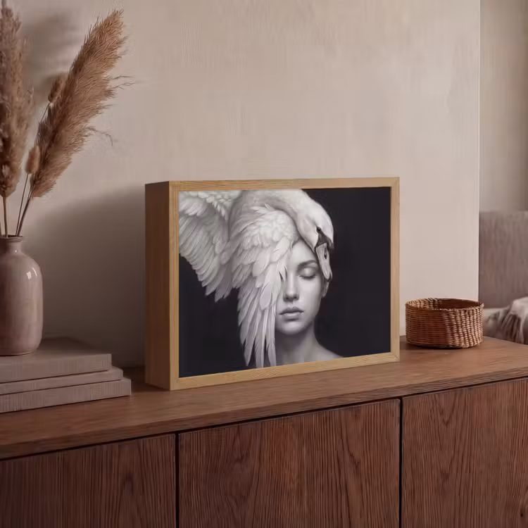Portret - Zwaan - Zwart - Wit Light Box met batterij (Wandlamp) middel -sfeer2