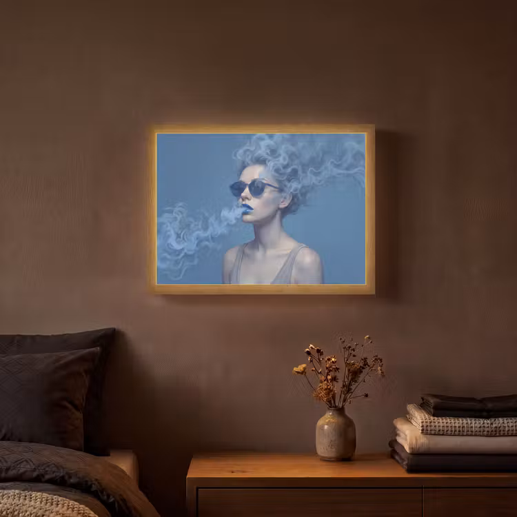 Portret - Zonnebril - Rook - Abstract - Blauw Light Box met batterij (Wandlamp) middel -sfeer4