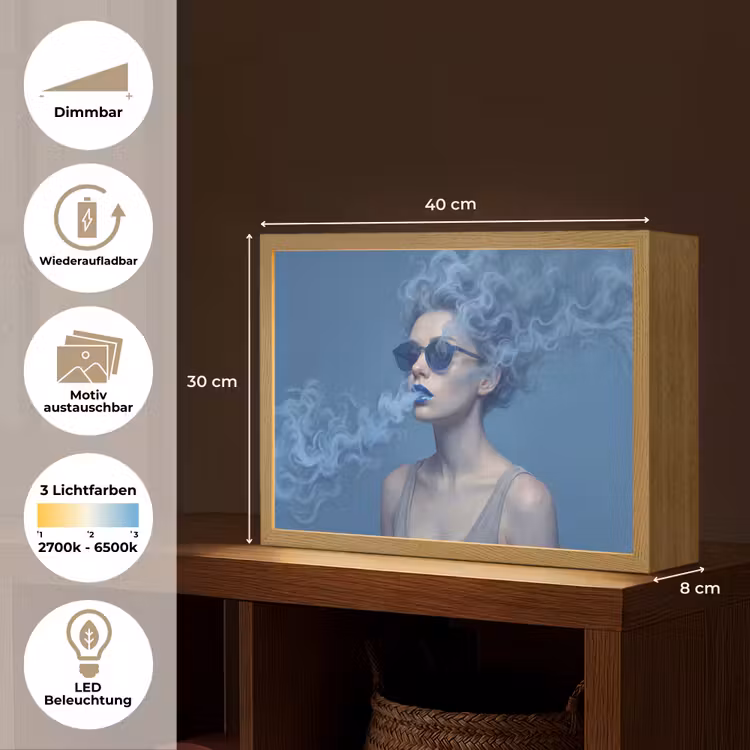 Portret - Zonnebril - Rook - Abstract - Blauw Light Box met batterij (Wandlamp) middel -USP_websiteoverzichtDE