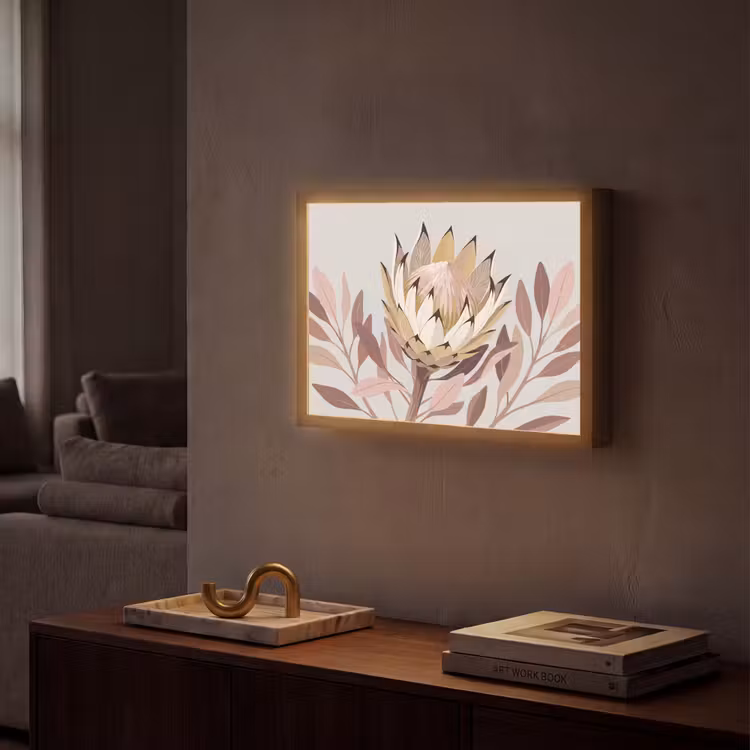 Protea - Bloem - Botanisch - Beige Light Box met batterij (Wandlamp) middel -sfeer1