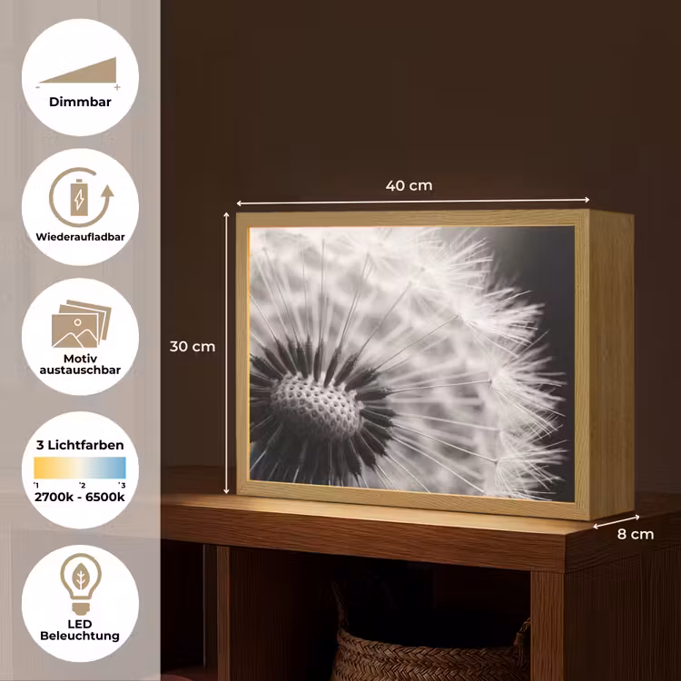 Paardenbloem - Zwart - Wit Light Box met batterij (Wandlamp) middel -USP_websiteoverzichtDE