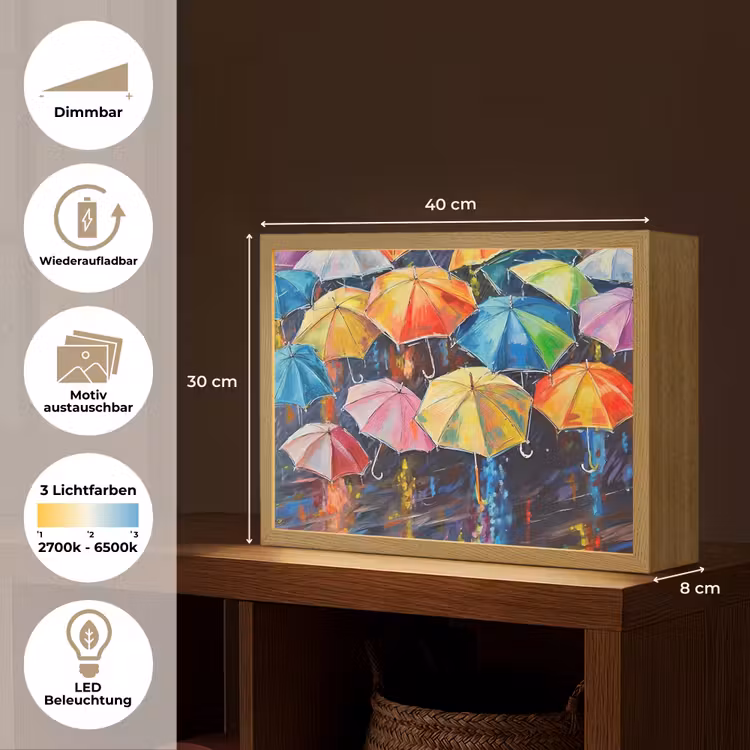 Paraplu's - Schilderij - Kunst - Regenboog Light Box met batterij (Wandlamp) middel -USP_websiteoverzichtDE