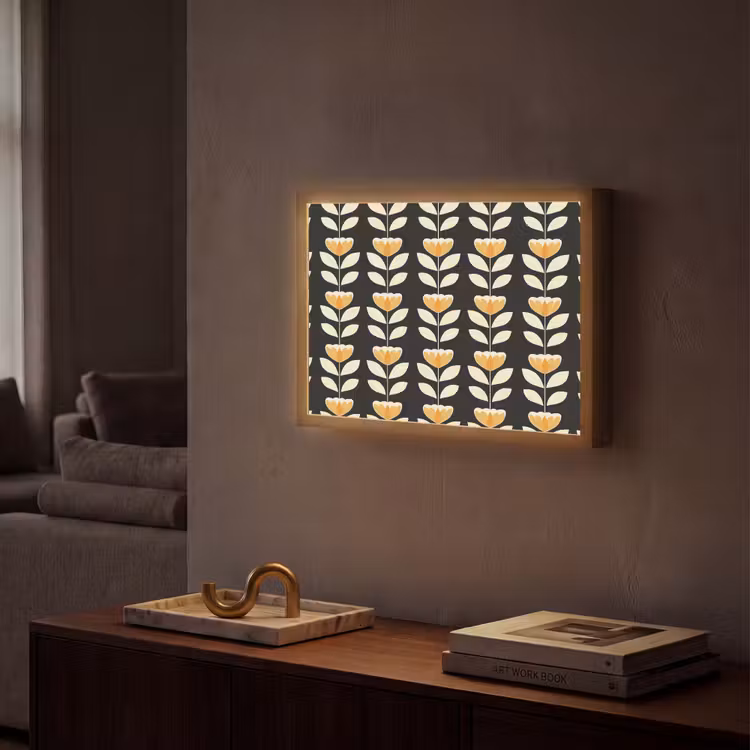 Retro - Bloem - Zwart - Okergeel Light Box met batterij (Wandlamp) middel 907 -sfeer1