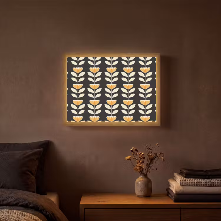 Retro - Bloem - Zwart - Okergeel Light Box met batterij (Wandlamp) middel 907 -sfeer4