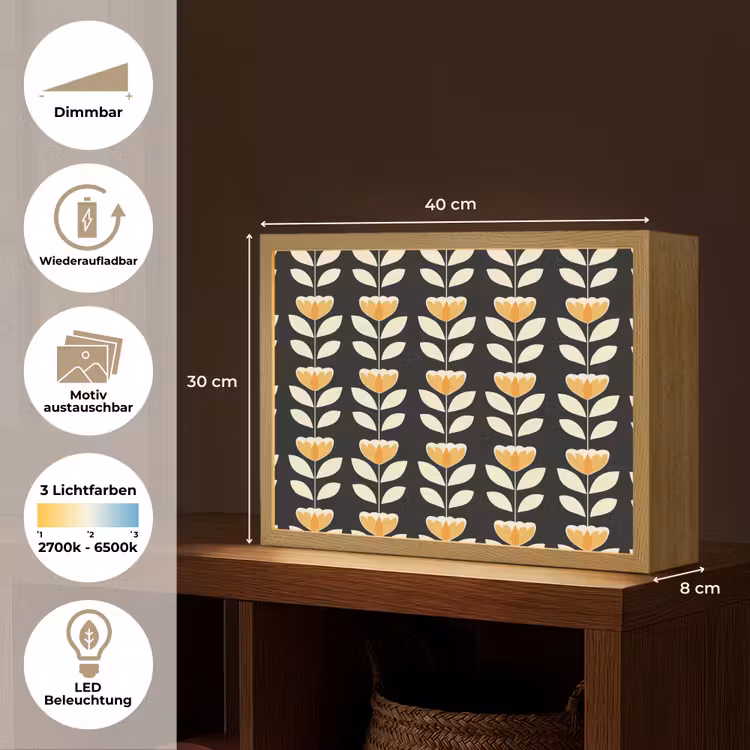 Retro - Bloem - Zwart - Okergeel Light Box met batterij (Wandlamp) middel 907 -USP_websiteoverzichtDE