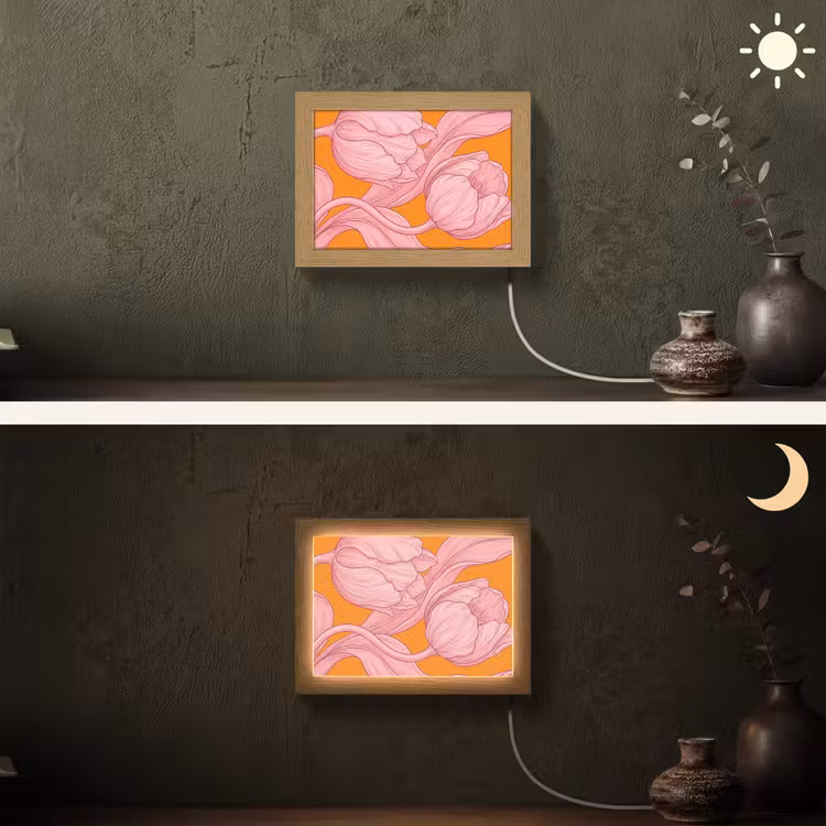 Lightbox - Wandleuchte - Rosa Blumen – Modern - Roze bloemen - Modern Light Box met kabel (Wandlamp) klein