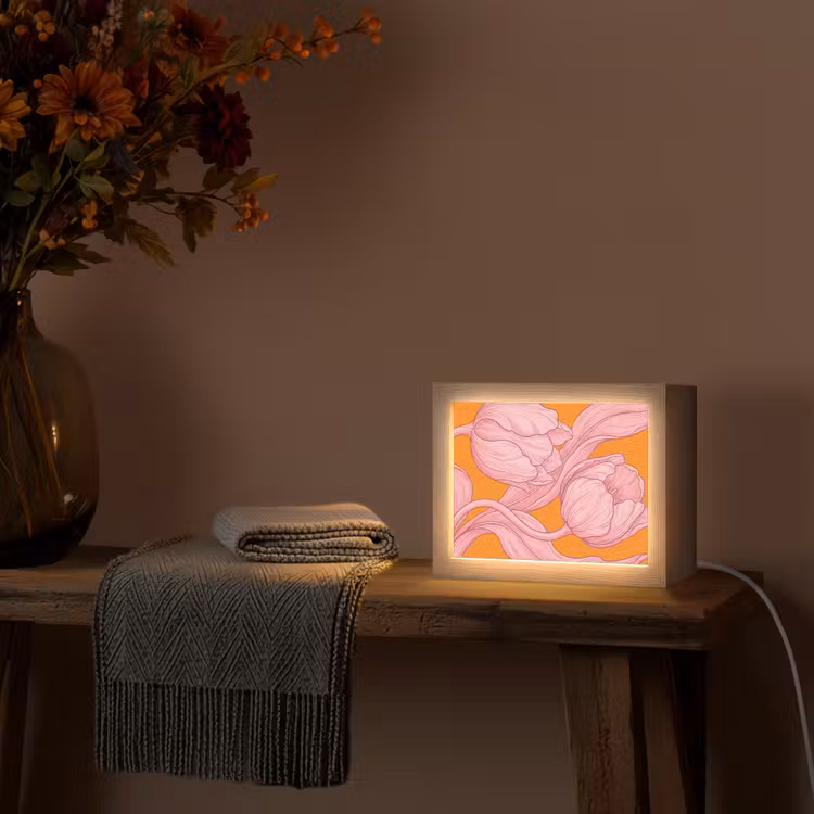 Lightbox - Wandleuchte - Rosa Blumen – Modern - Roze bloemen - Modern Light Box met kabel (Wandlamp) klein
