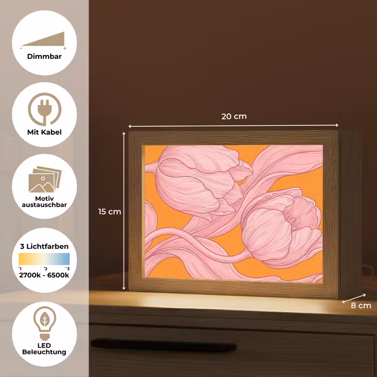 Lightbox - Wandleuchte - Rosa Blumen – Modern - Roze bloemen - Modern Light Box met kabel (Wandlamp) klein