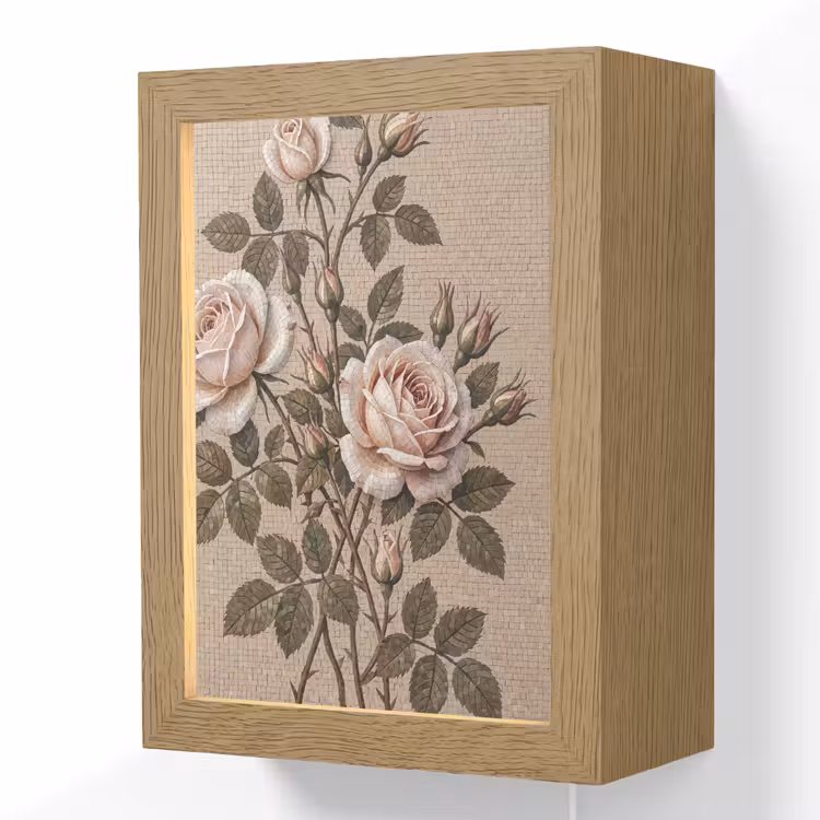 Roos - Mozaïek - Bloemen - Klassiek - Beige Light Box met kabel (Wandlamp) klein -3d