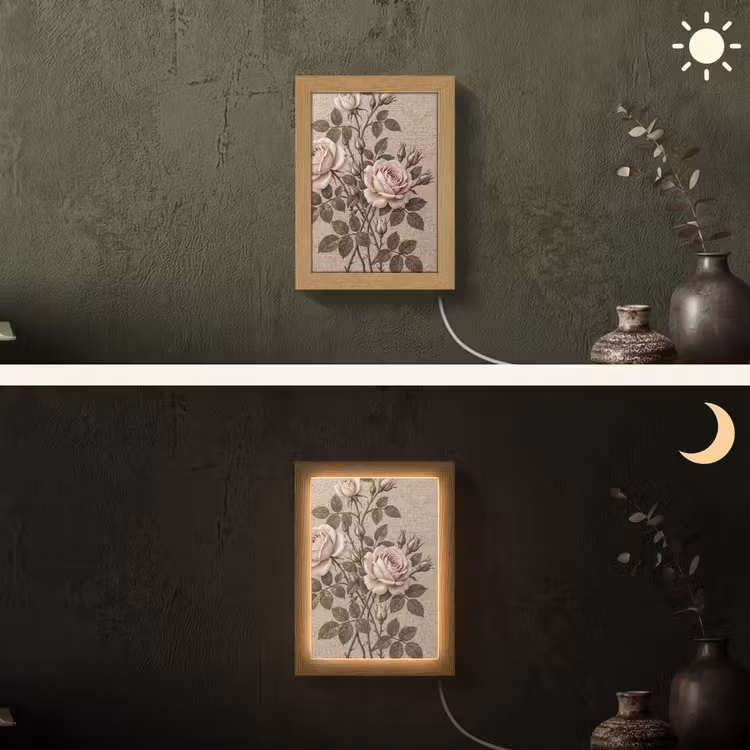 Roos - Mozaïek - Bloemen - Klassiek - Beige Light Box met kabel (Wandlamp) klein -sfeer3
