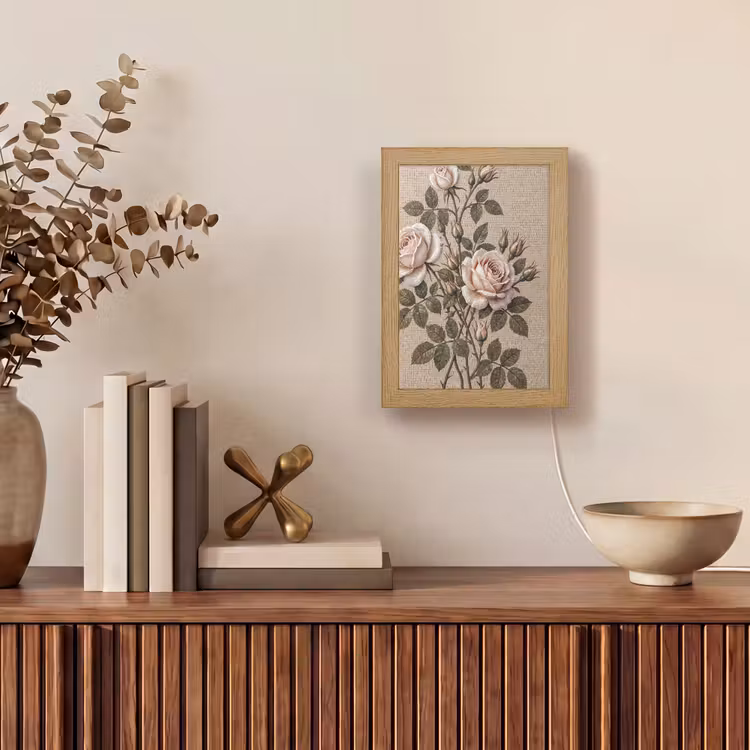 Roos - Mozaïek - Bloemen - Klassiek - Beige Light Box met kabel (Wandlamp) klein -sfeer2