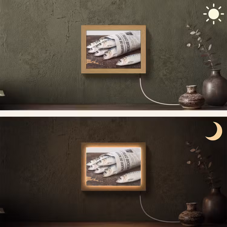 Lightbox - Wandleuchte - Sardine – Zeitung – Schneidebrett - Sardientje - krant - snijplank Light Box met kabel (Wandlamp) klein